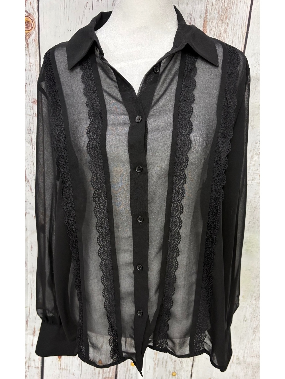 ZARA Women’s Black Sheer Chiffon Lace Panel Button Up Long Sleeved Blouse Size M